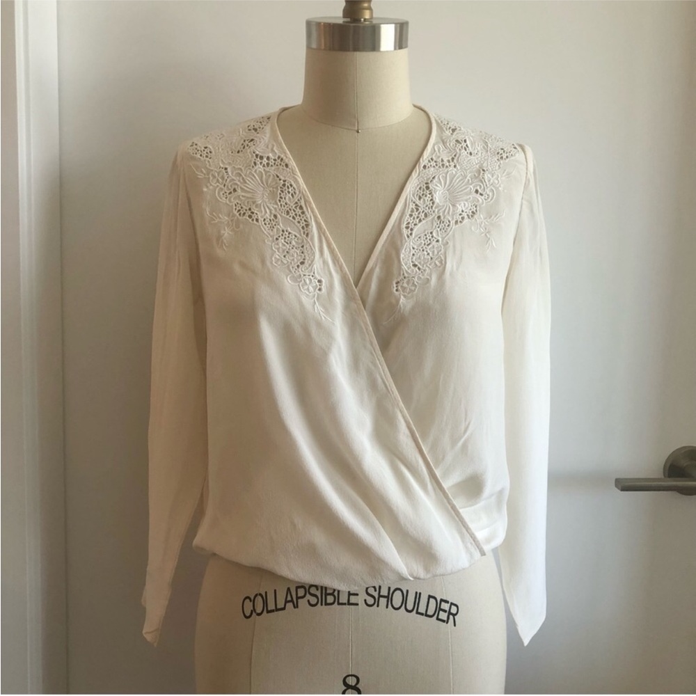 The Kooples Wrap Lace Applique Blouse Silk White